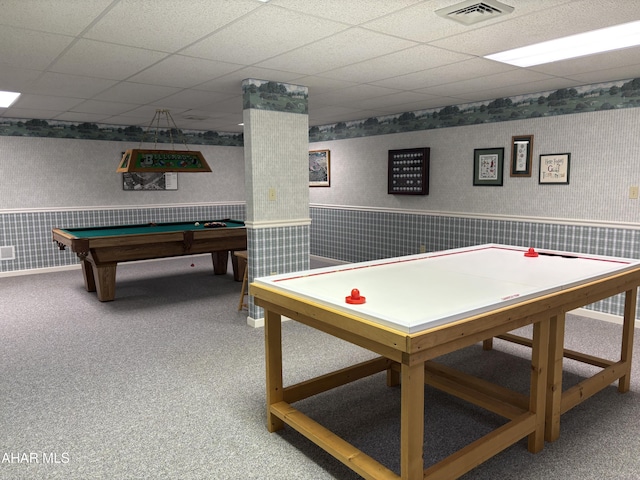 game room with carpet flooring and pool table