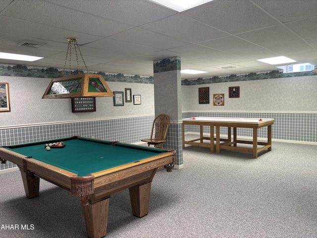 recreation room featuring a drop ceiling and billiards