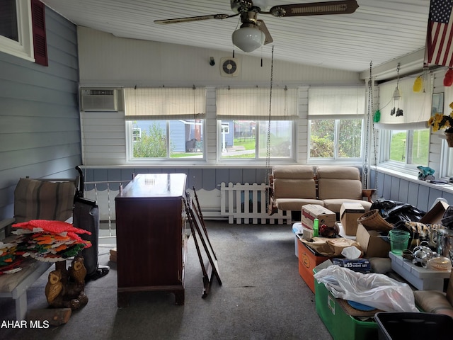 sunroom / solarium with a wall unit AC, ceiling fan, and lofted ceiling