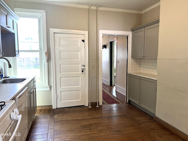 1008 N 3rd St, Altoona, PA 16601 - kitchen featuring gray cabinets, ornamental molding, light countertops, backsplash, and range with gas cooktop