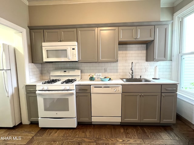1008 N 3rd St, Altoona, PA 16601 - kitchen featuring white appliances, gray cabinets, ornamental molding, and light countertops