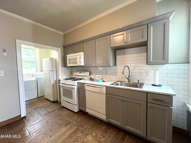 1008 N 3rd St, Altoona, PA 16601 - kitchen featuring white appliances, gray cabinets, washer and clothes dryer, and ornamental molding