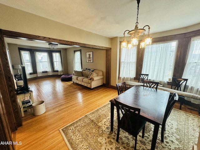 dining room with hardwood / wood-style flooring, a healthy amount of sunlight, and a chandelier