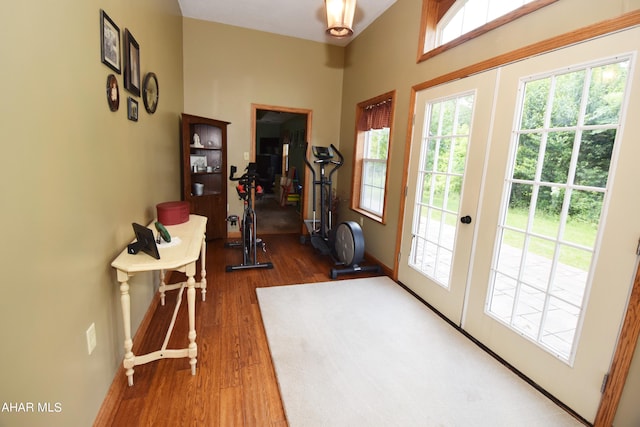 workout area with french doors and hardwood / wood-style flooring