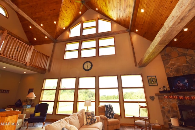 living room with a healthy amount of sunlight, high vaulted ceiling, and wooden ceiling