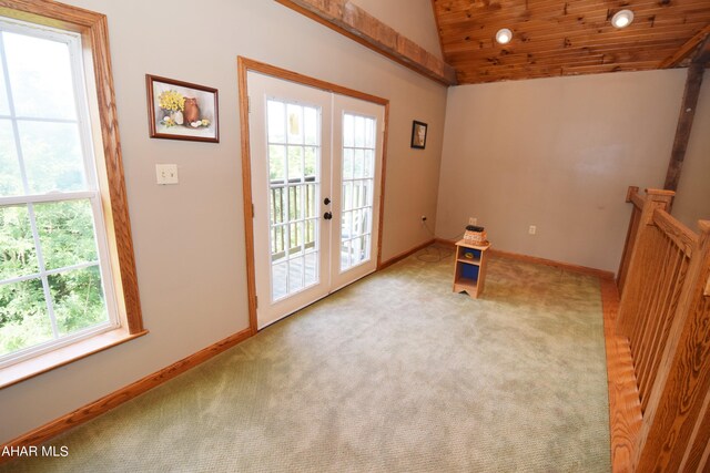 doorway to outside with light carpet, french doors, vaulted ceiling, and wood ceiling