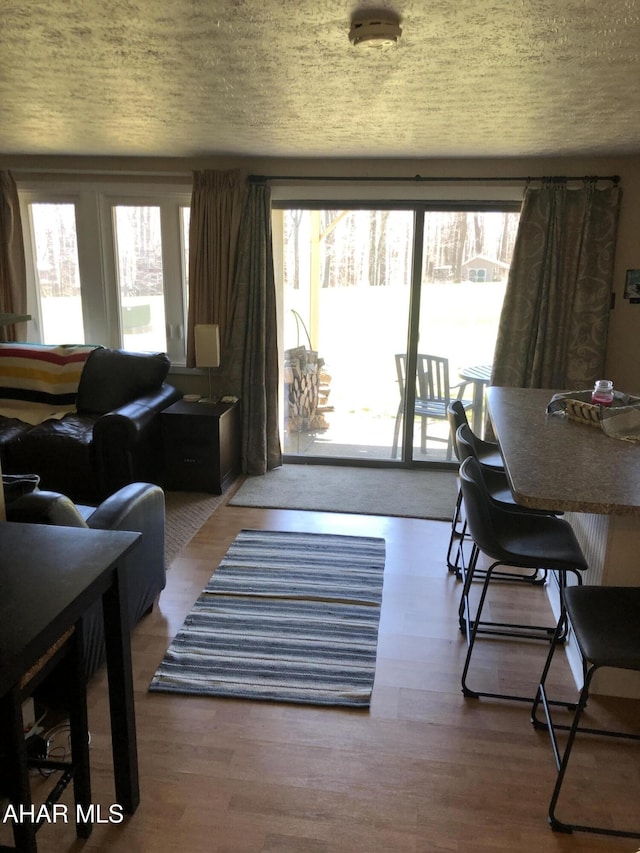 living room with hardwood / wood-style flooring and a textured ceiling