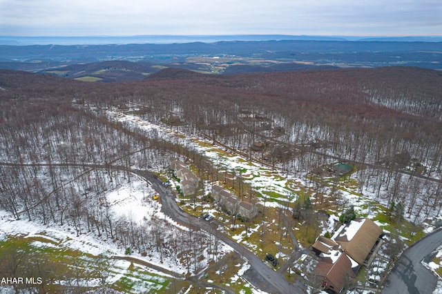 snowy aerial view with a mountain view