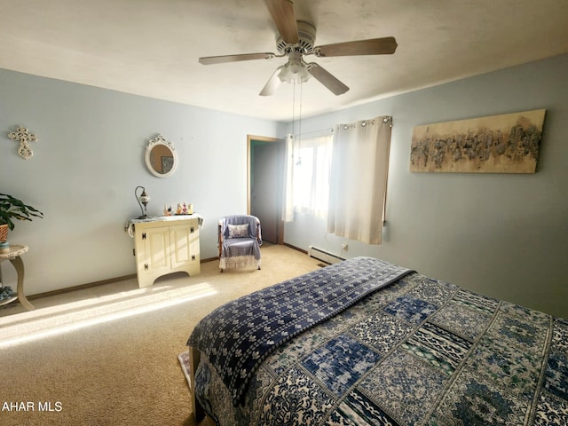 bedroom with light carpet, baseboard heating, a ceiling fan, and baseboards