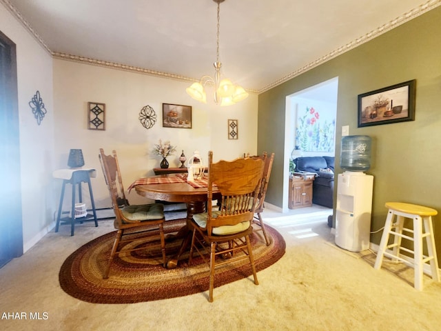 carpeted dining room featuring crown molding, a notable chandelier, and baseboards