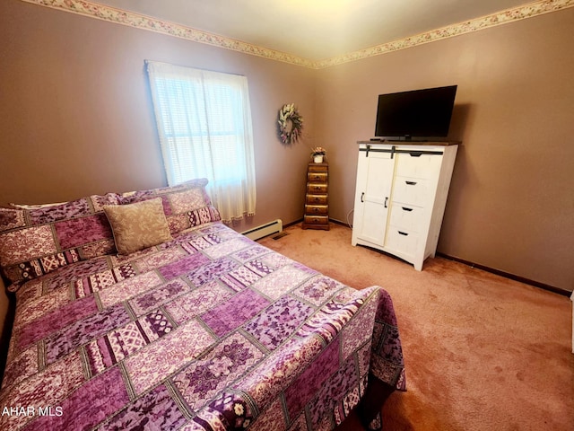 bedroom with a baseboard radiator, baseboards, and light carpet