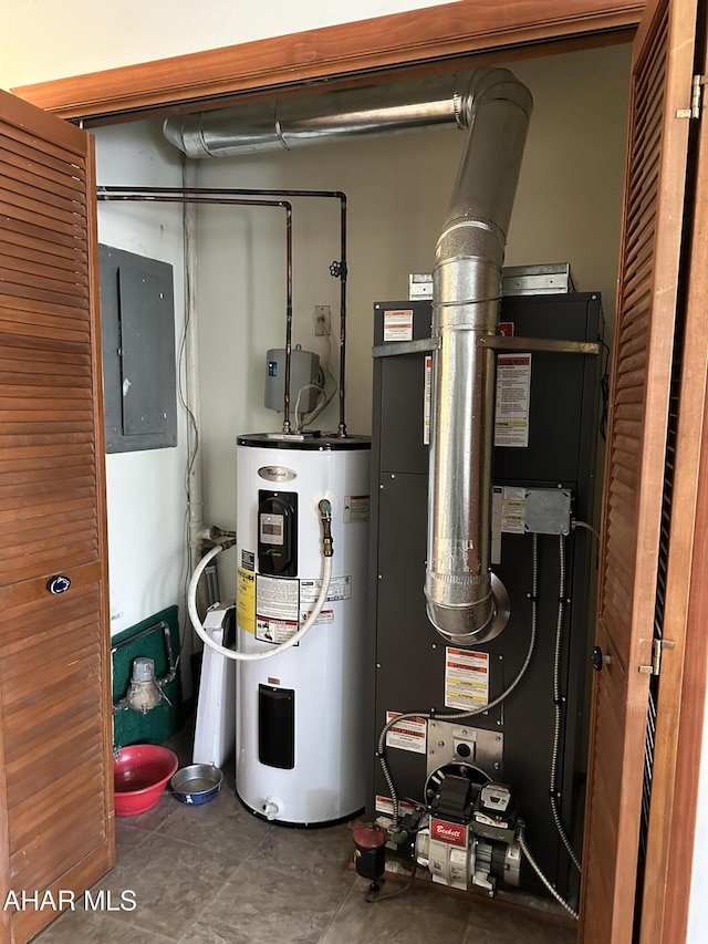 utility room featuring electric panel and electric water heater