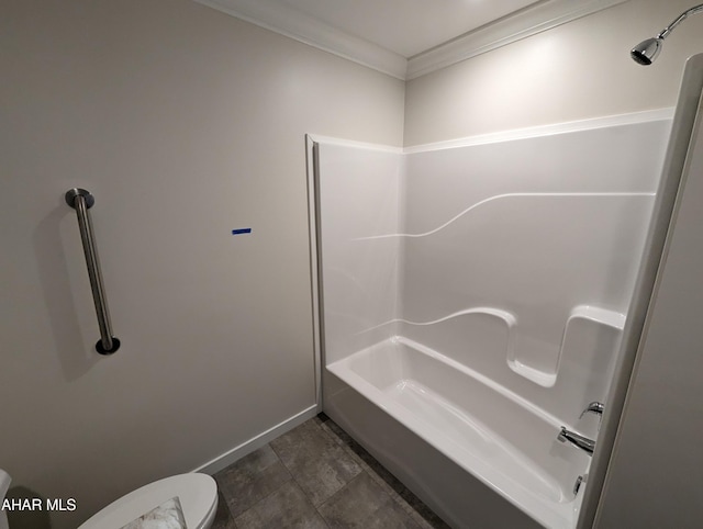 bathroom featuring crown molding,  shower combination, and toilet