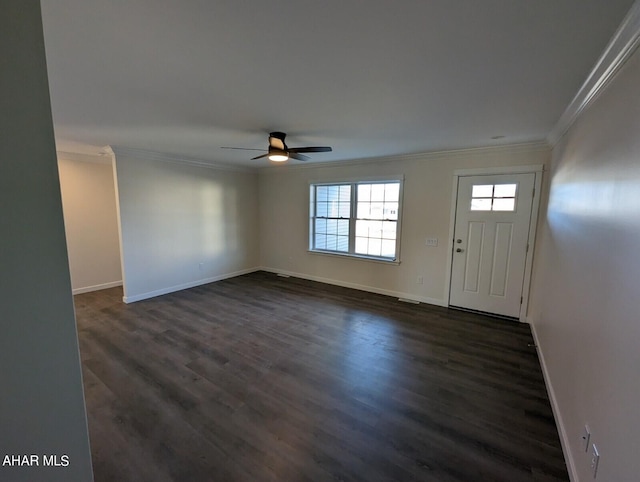 entryway featuring crown molding, ceiling fan, and dark hardwood / wood-style flooring