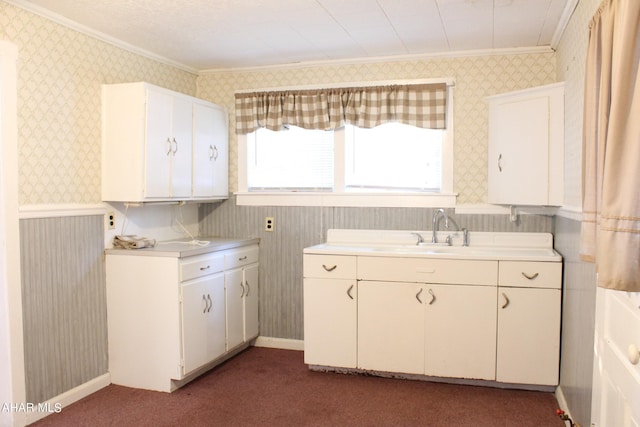 kitchen with white cabinets, dark carpet, ornamental molding, and sink