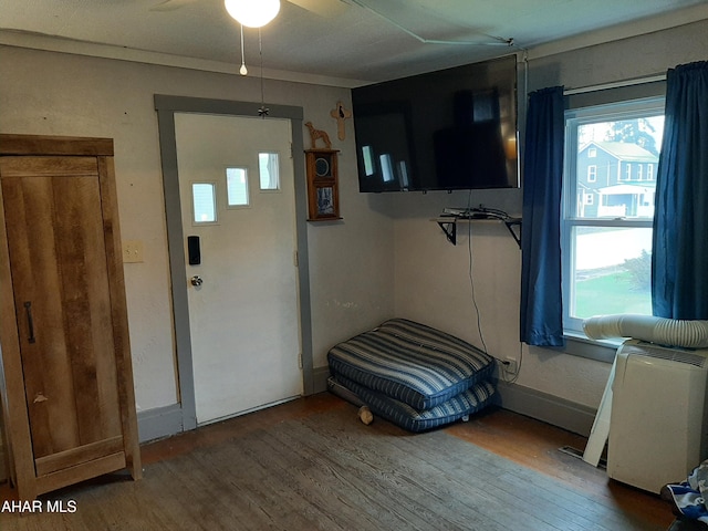 bedroom with hardwood / wood-style flooring, ceiling fan, and multiple windows