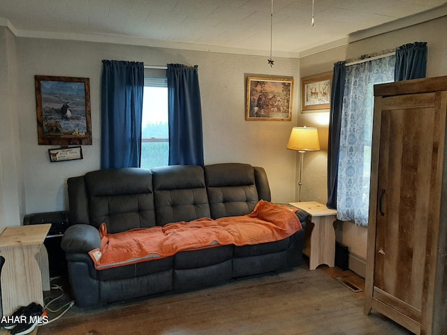 living room with hardwood / wood-style flooring and crown molding