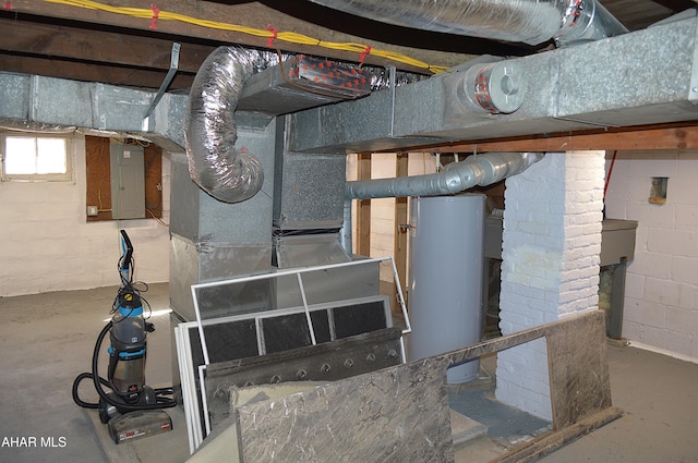 utility room with gas water heater and electric panel