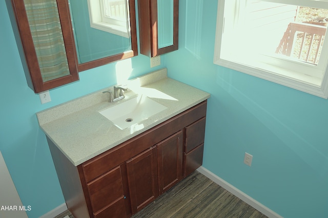 bathroom with wood-type flooring and vanity