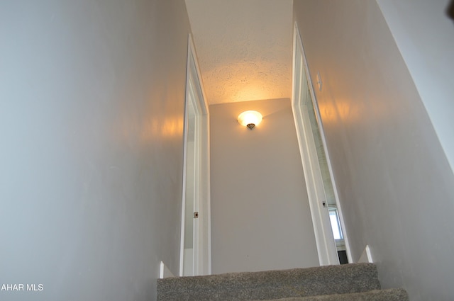 stairs with a textured ceiling