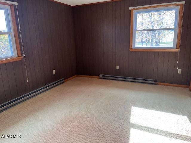 spare room featuring a healthy amount of sunlight, baseboard heating, and wooden walls