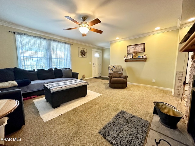 1650 Adams Run Rd, New Paris, PA 15554 - carpeted living area with ceiling fan, ornamental molding, recessed lighting, baseboards, and a fireplace