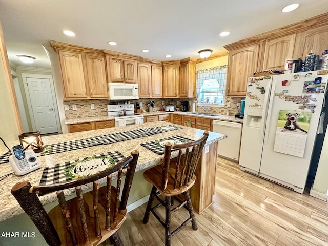 1650 Adams Run Rd, New Paris, PA 15554 - kitchen with white appliances, a sink, light wood-style floors, decorative backsplash, and recessed lighting