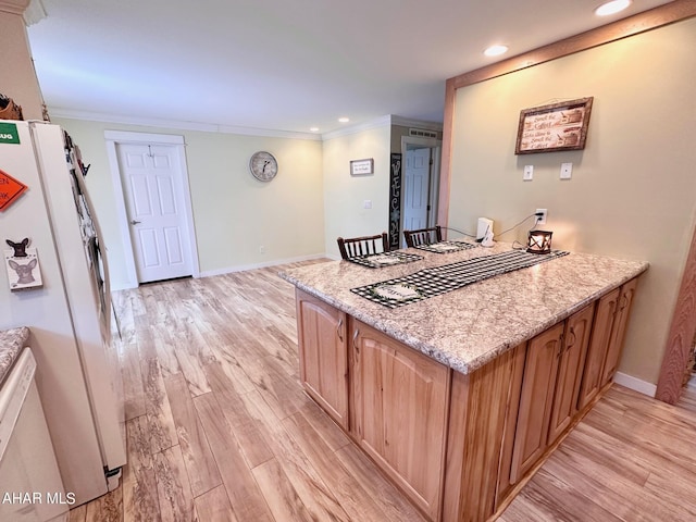 1650 Adams Run Rd, New Paris, PA 15554 - kitchen featuring freestanding refrigerator, recessed lighting, crown molding, light wood-style flooring, and baseboards