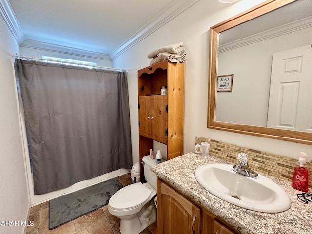 1650 Adams Run Rd, New Paris, PA 15554 - bathroom with crown molding, vanity, decorative backsplash, toilet, and shower / tub combo