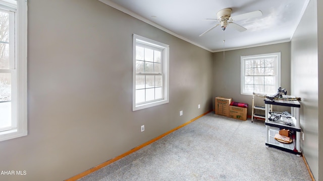 miscellaneous room featuring ceiling fan, a healthy amount of sunlight, light colored carpet, and ornamental molding