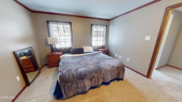 carpeted bedroom featuring ornamental molding