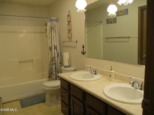 bathroom with toilet, shower / bath combination with curtain, double vanity, and a sink