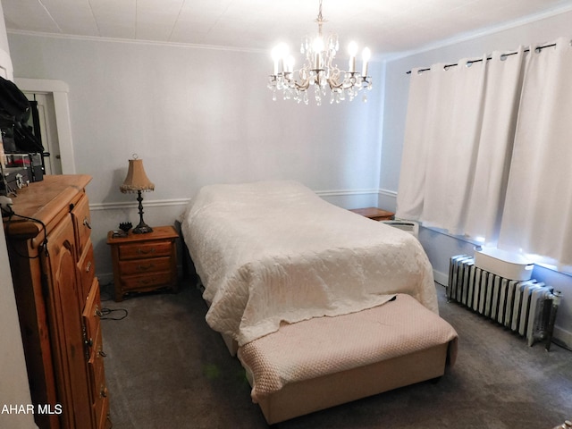 bedroom featuring ornamental molding, radiator heating unit, and dark carpet