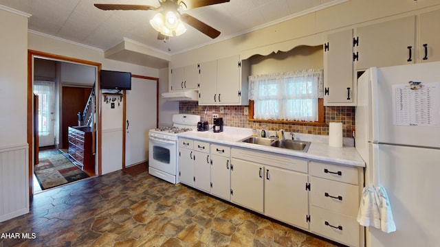 2414 4th Ave, Altoona, PA 16602 - kitchen featuring white appliances, under cabinet range hood, dark stone finish flooring, a ceiling fan, and backsplash