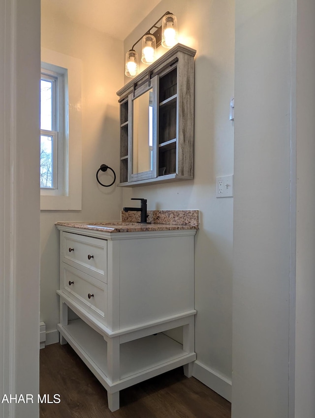 bathroom with vanity and hardwood / wood-style floors