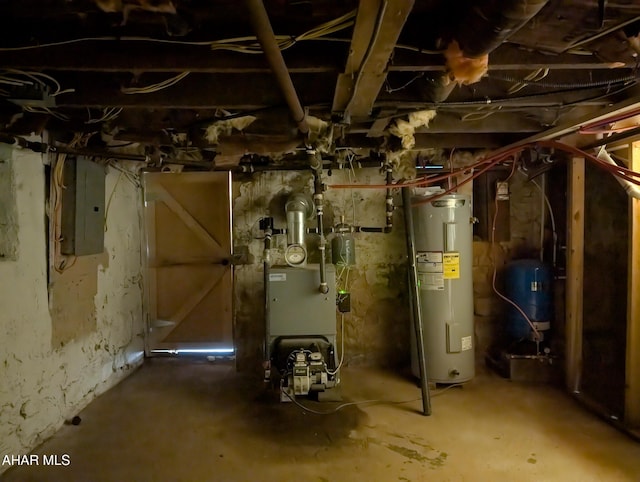 basement with electric water heater and electric panel