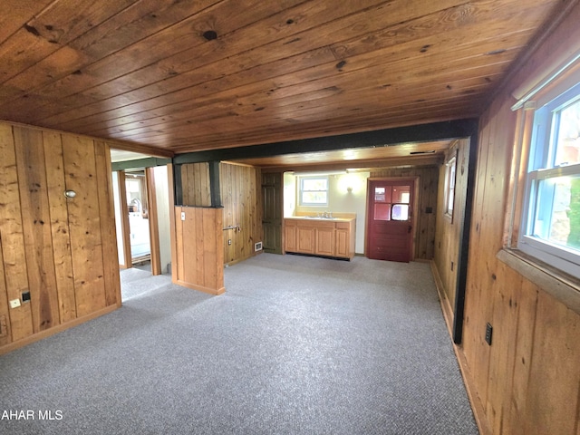 carpeted spare room with wood walls and wooden ceiling