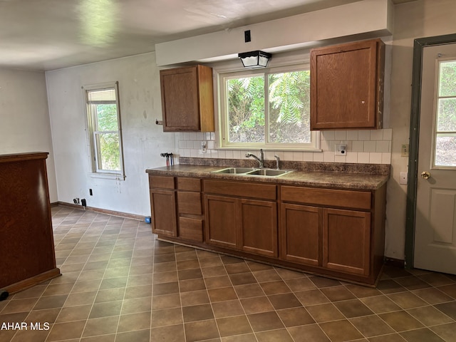 179 Orchard Way, Bedford, PA 15522 - kitchen with dark countertops, brown cabinets, and backsplash
