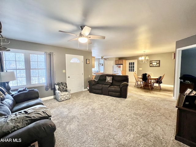 carpeted living area featuring baseboards and ceiling fan with notable chandelier