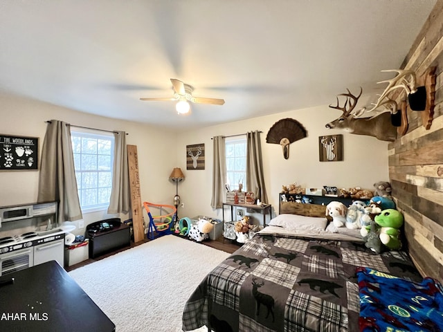 bedroom featuring multiple windows and a ceiling fan