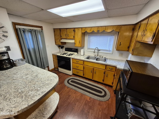 kitchen featuring range with gas stovetop, dark wood-style flooring, light countertops, a sink, and under cabinet range hood