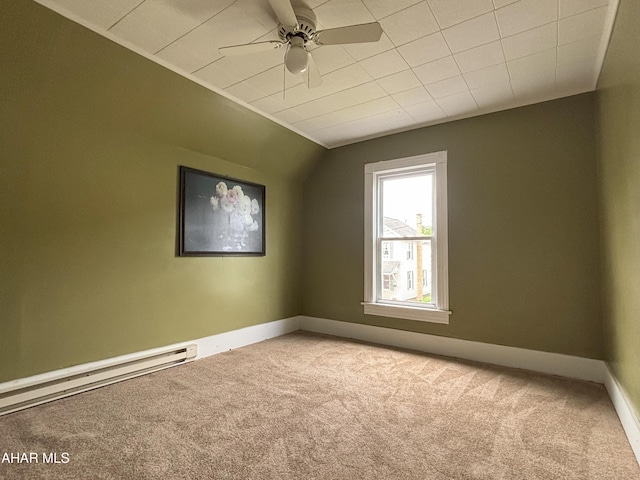 6 B St, Coudersport, PA 16915 - spare room featuring carpet floors, a baseboard radiator, ceiling fan, and lofted ceiling