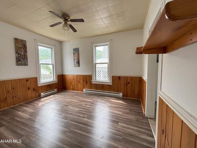 6 B St, Coudersport, PA 16915 - empty room featuring a baseboard radiator, a wainscoted wall, plenty of natural light, wooden walls, and wood finished floors