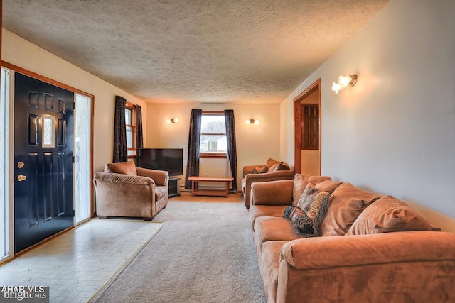 carpeted living room featuring a textured ceiling