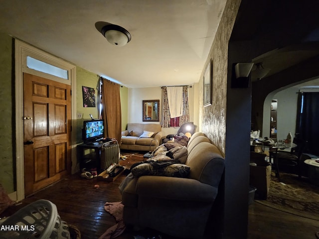 living room featuring dark wood-type flooring