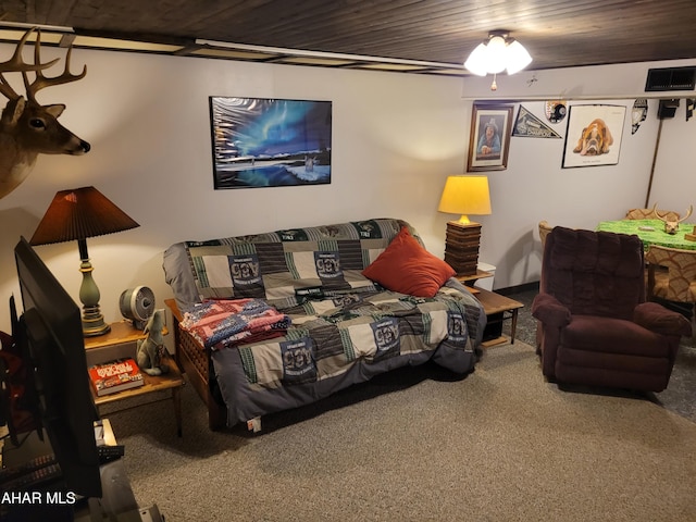 carpeted bedroom featuring wooden ceiling