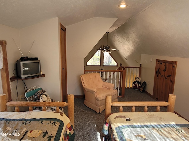 bedroom featuring vaulted ceiling, baseboards, and carpet floors