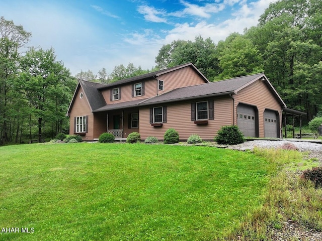 263 Helixville Rd, Schellsburg, PA 15559 - view of front of house featuring covered porch, a front lawn, roof with shingles, and a garage