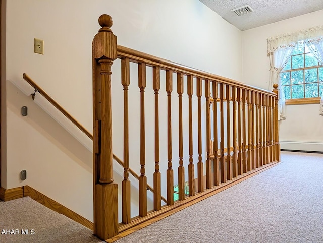 263 Helixville Rd, Schellsburg, PA 15559 - stairway with carpet, a textured ceiling, and a baseboard heating unit