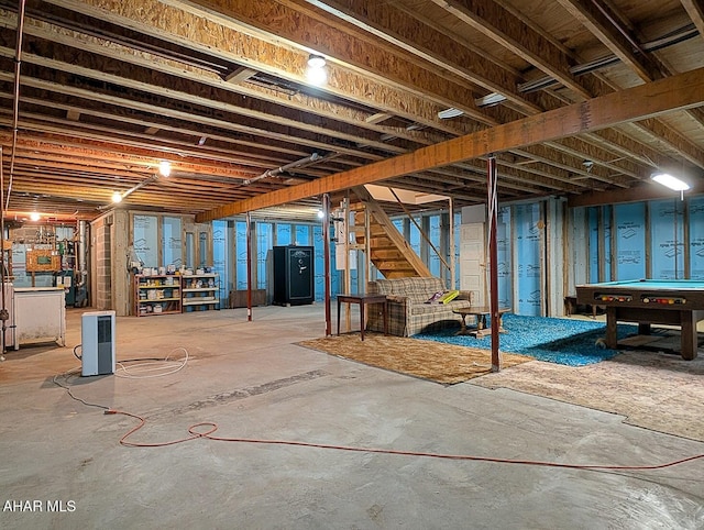 263 Helixville Rd, Schellsburg, PA 15559 - unfinished basement featuring stairway and billiards table